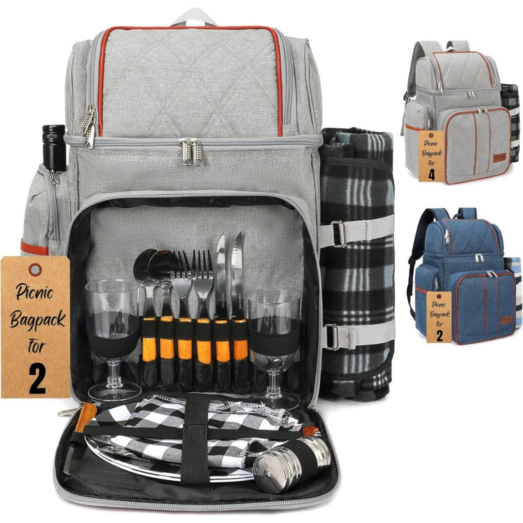 Picknickrucksack fuer 2 Picknickkorb fuer 2 mit isoliertem Kuehler und Flaschentasche Picknicktasche mit Leichter Decke und Besteckset fuer Familie