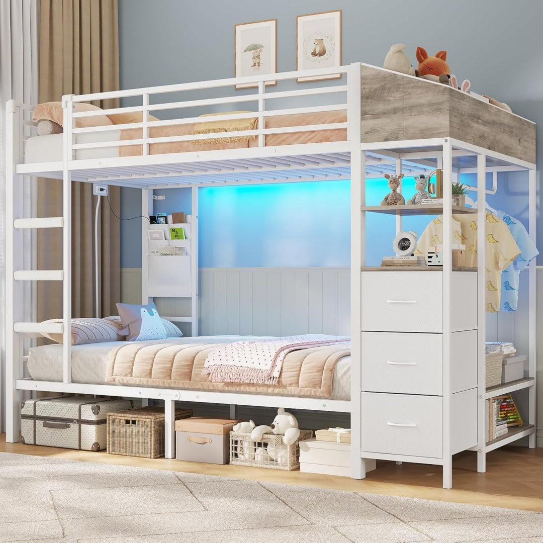 Hochbett Jugendbett mit Treppe und Rausfallschutz Bunk Bed mit LED Beleuchtung und Ladestation Modernes Etagenbett mit Garderobenstaender und