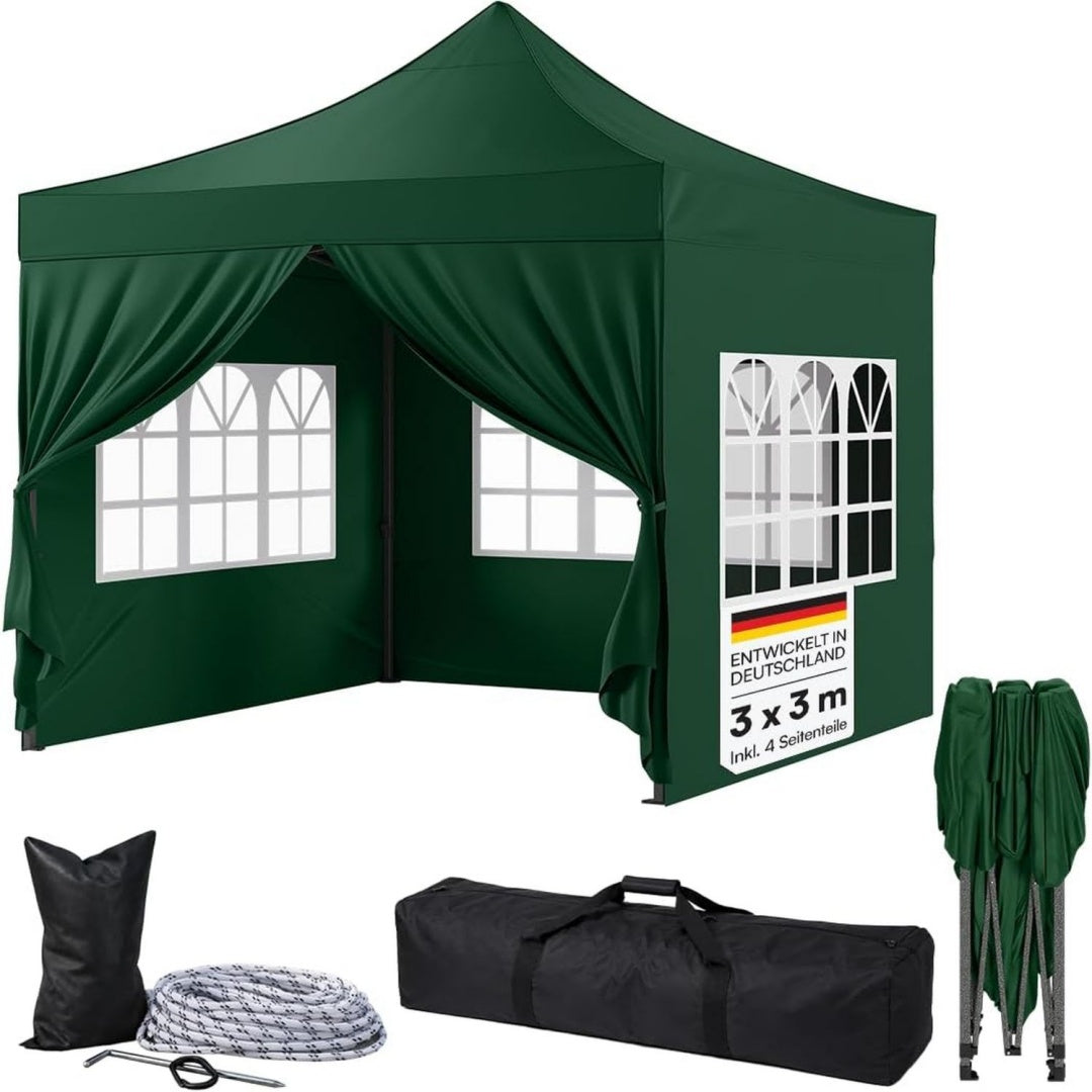 Rynara Pavillon Grun 3x3 m Faltpavillon mit 4 Seitenteilen Gartenpavillon inkl Tragetasche und 3-fach hoehenverstellbar Pop Up Gartenpavillon stabil