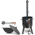 Feuerofen 44 cm 2 mm Stahl mit Thermometer Usbekische Kazan 16 L flacher Boden Schaumloeffel 48 cm Schaumloeffel 64 cm Kazan Uchag Gusseisen (Set 3