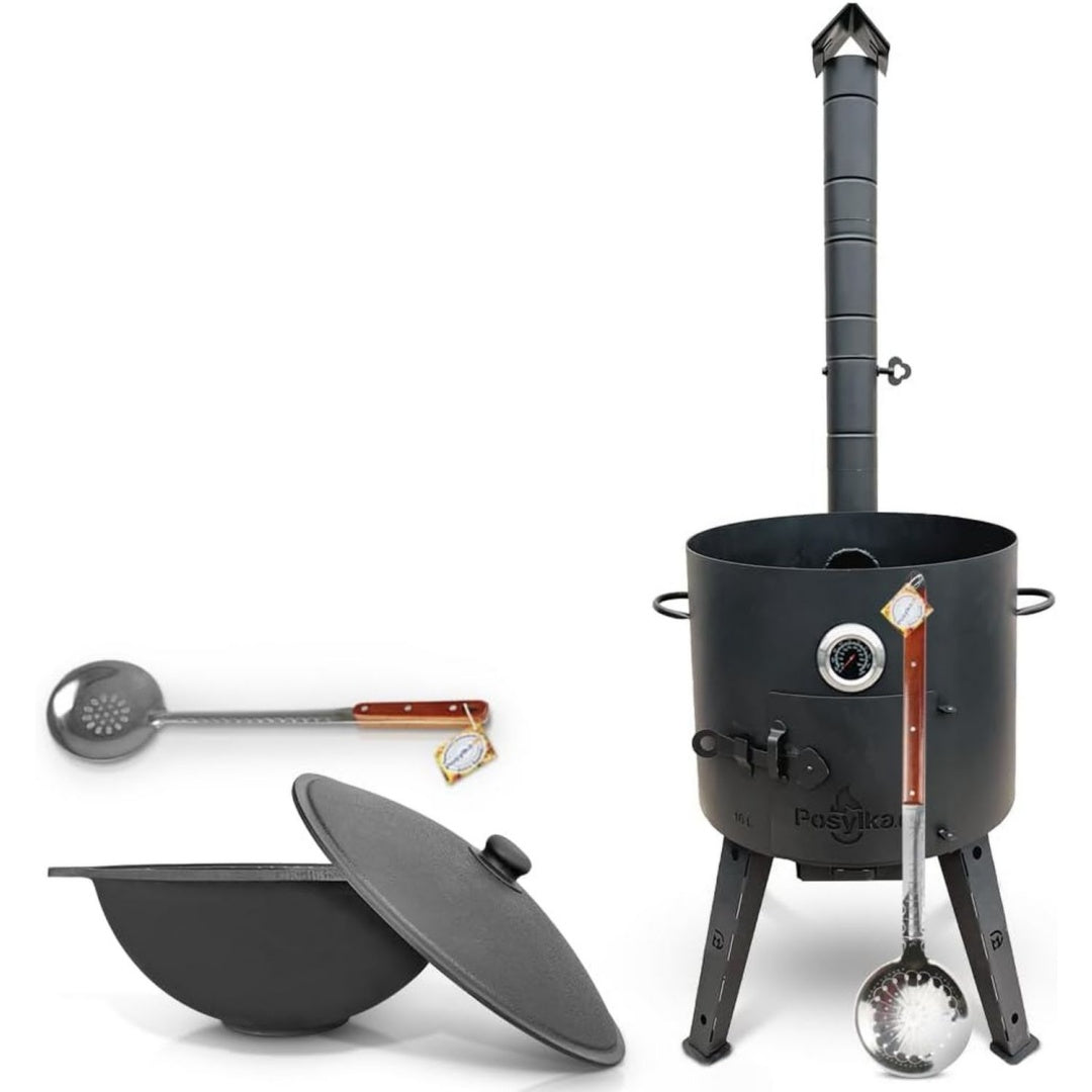 Feuerofen 44 cm 2 mm Stahl mit Thermometer Usbekische Kazan 16 L flacher Boden Schaumloeffel 48 cm Schaumloeffel 64 cm Kazan Uchag Gusseisen (Set 3