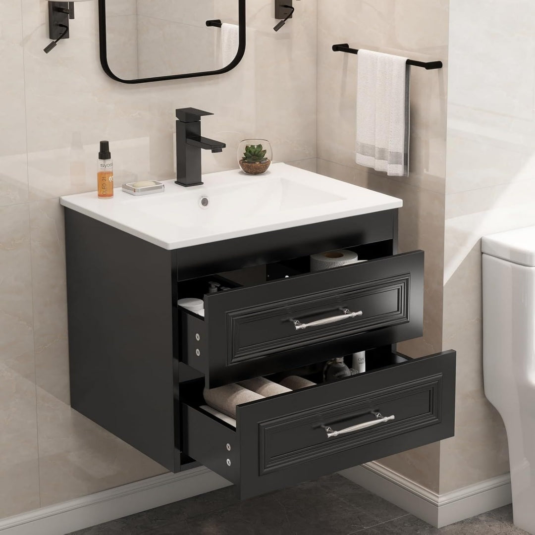 Badmoebel Set Waschbecken mit Unterschrank 60cm Schwarz weiss inkl. Keramikwaschbecken Lackierte Oberflaeche