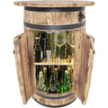 Holzbarfass mit Ablage und LED-Beleuchtung fuer Alkohol und Glaeser rustikaler Stil 80x55x40 mit Tueren und Flaschenoeffner handgefertigt aus
