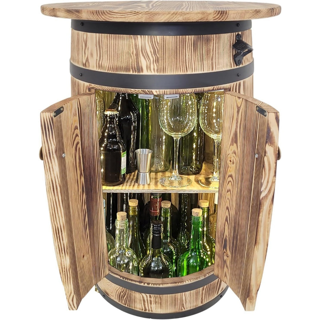 Holzbarfass mit Ablage und LED-Beleuchtung fuer Alkohol und Glaeser rustikaler Stil 80x55x40 mit Tueren und Flaschenoeffner handgefertigt aus