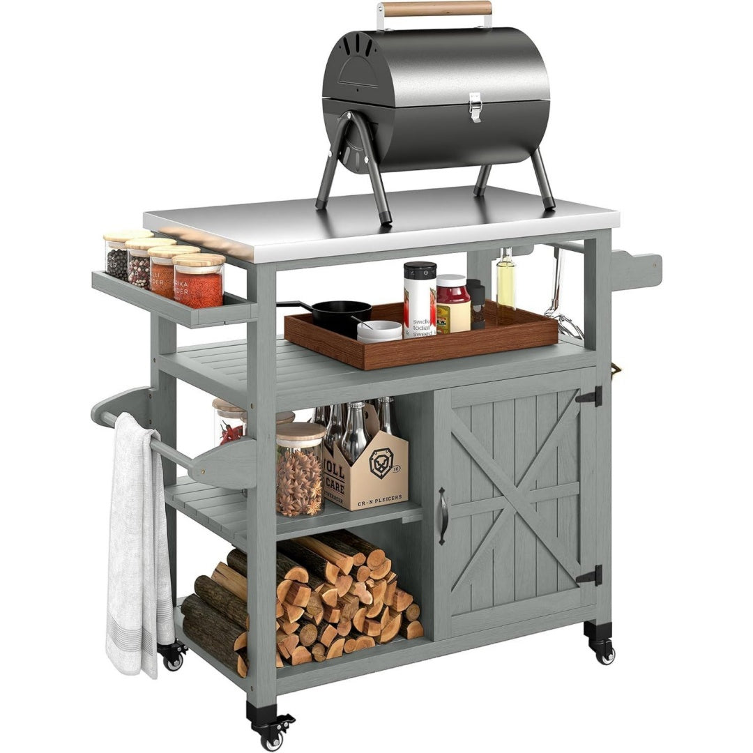 Gartenseitentisch Plancha Outdoor Raeder Grau holz 107x49,5x92,5cm 5cm BBQ Kuecheninsel mit Edelstahlschale Schrank
