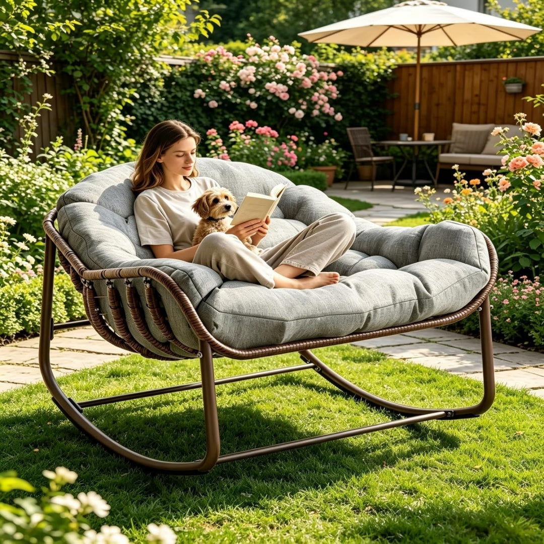 Uberdimensionierter Ei-Schaukelstuhl Aus Wetterfestem PE- Mit Dick Gepolsterten Kissen Rot rattan Bis 160 kg Belastbar Indoor Outdoor Geeignet Fuer