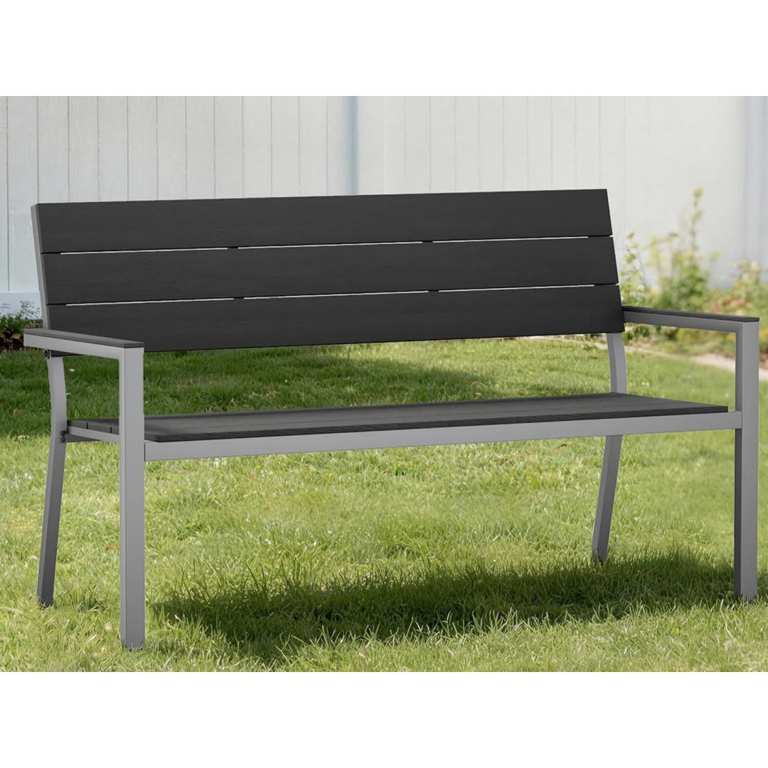 Gartenbank Wetterfeste in Holzoptik Grau hellgrau Metall Sitzbank Outdoor fuer Balkon Garten Parkbank 23 Sitzer