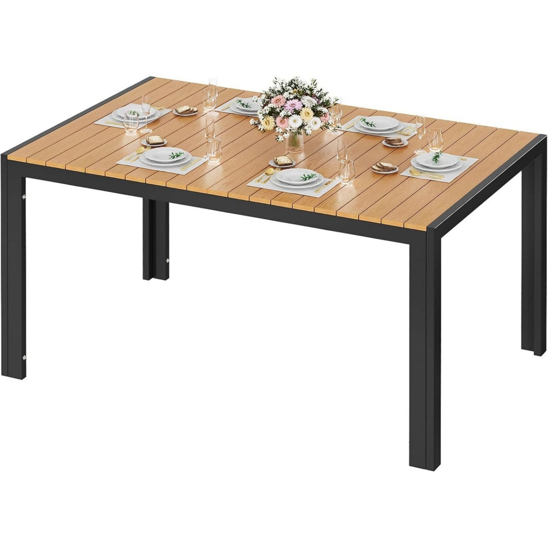 Gartentisch Wetterfest Gross Aluminium WPC Tisch WPC Tischplatte Schwarz teak 140x90cm Rechteckiger Esstisch Outdoor. Fuer 6-8 Personen Rostfreier