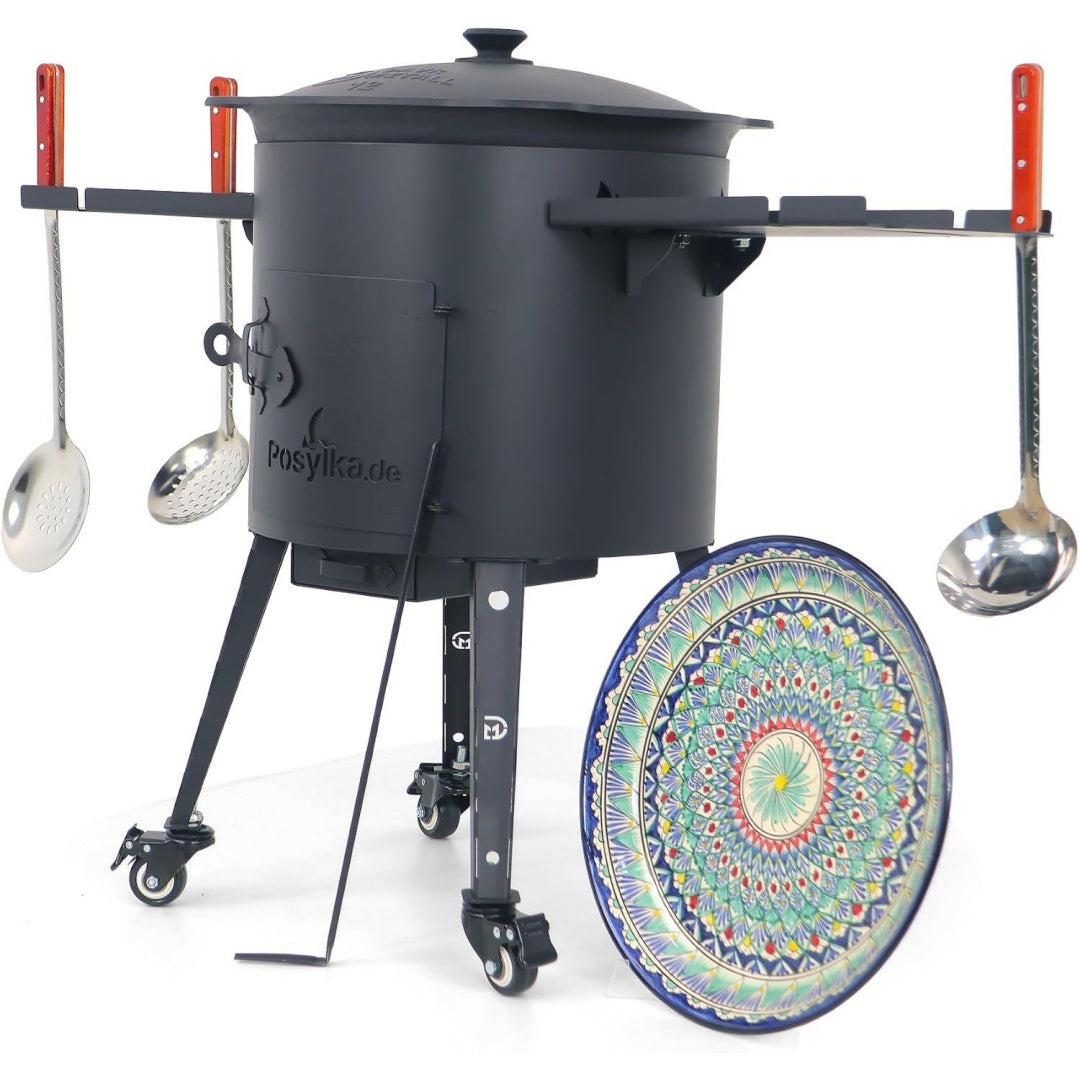 Feuerofen 40cm Gusseisen Kazan 12L 42 5cm Ablage Raeder Schaumloeffel Kasan mit Deckel Feuerschale Gulaschkanone Usbekisch Topf Lagan Rischtan (Ohne