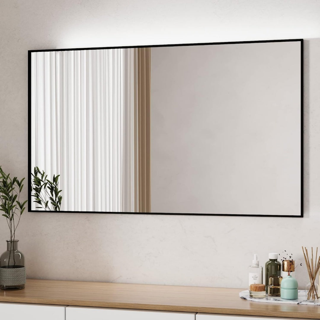 Spiegel Rechteckiger Wandspiegel mit Aluminiumrahmen fuer Badezimmer Schwarz 120x70cm