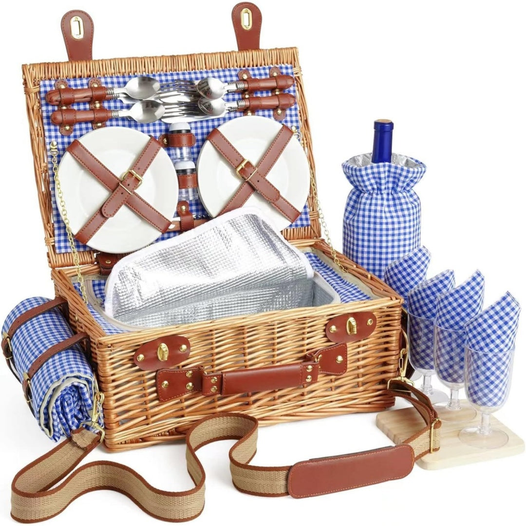 Wicker Picknickkorb Set fuer 2-4 Person mit Kuehlfach und wasserdichte Picknickdecke Abnehmbarer Riemen Weinbeutel