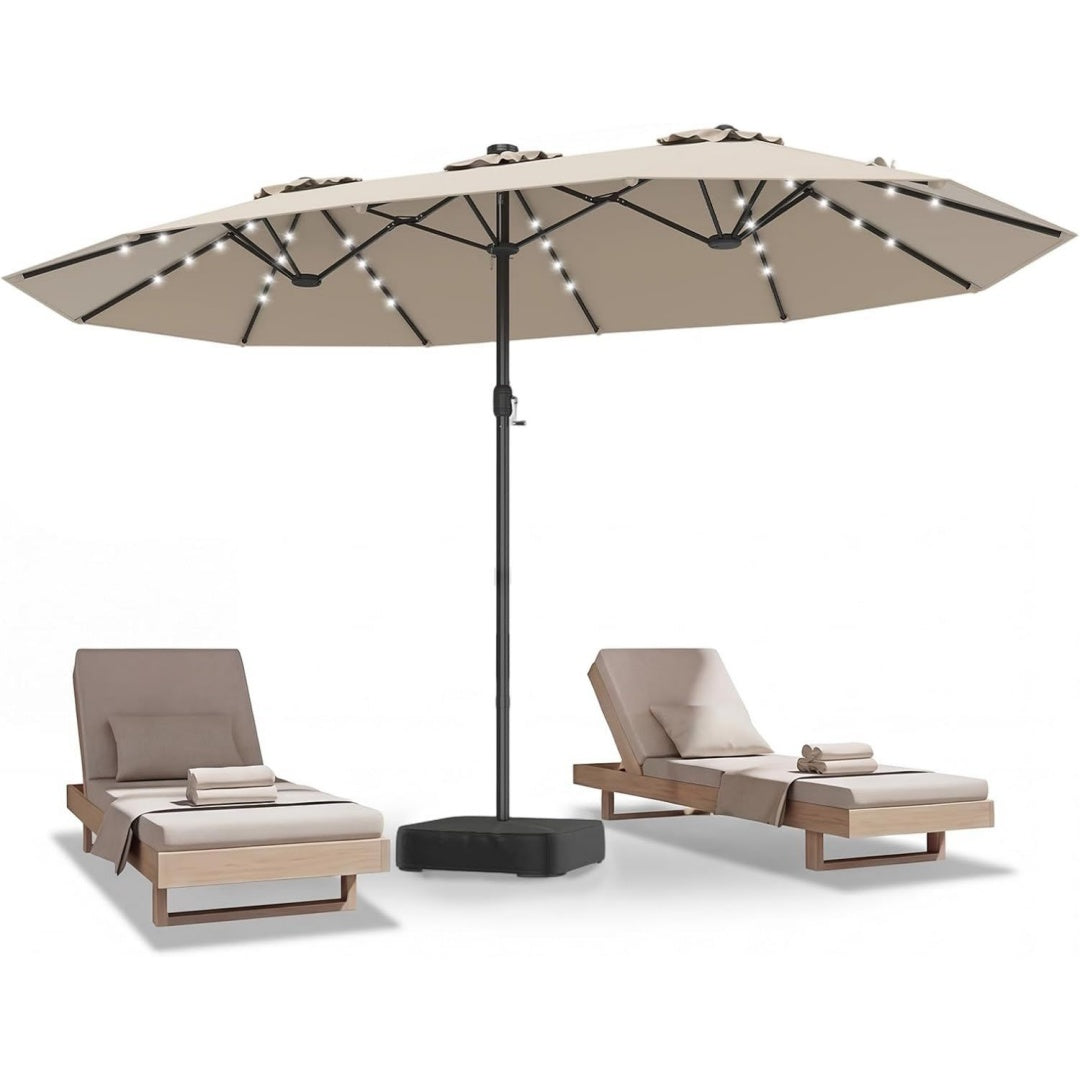 Doppelsonnenschirm mit Staender und LED-Beleuchtung Sonnenschirm Gross XXL Beige 450x260 cm UPF 50+ Gartenschirm mit Kurbel