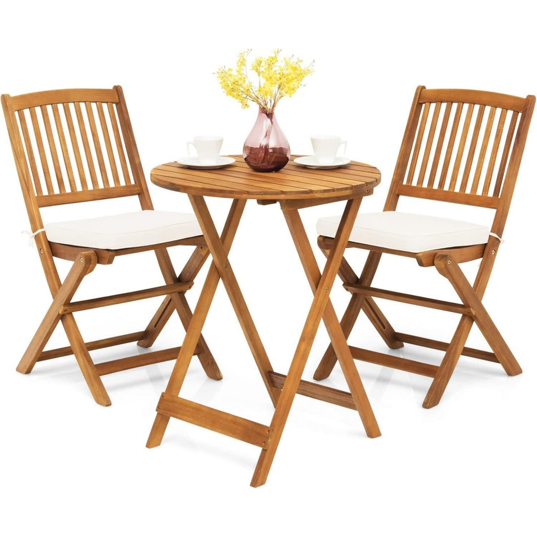 Balkonmoebel Kleiner Balkon Rot holz Runder Bistrotisch mit 2 Stuehlen klappbar Gartenmoebel Set 3 teilig