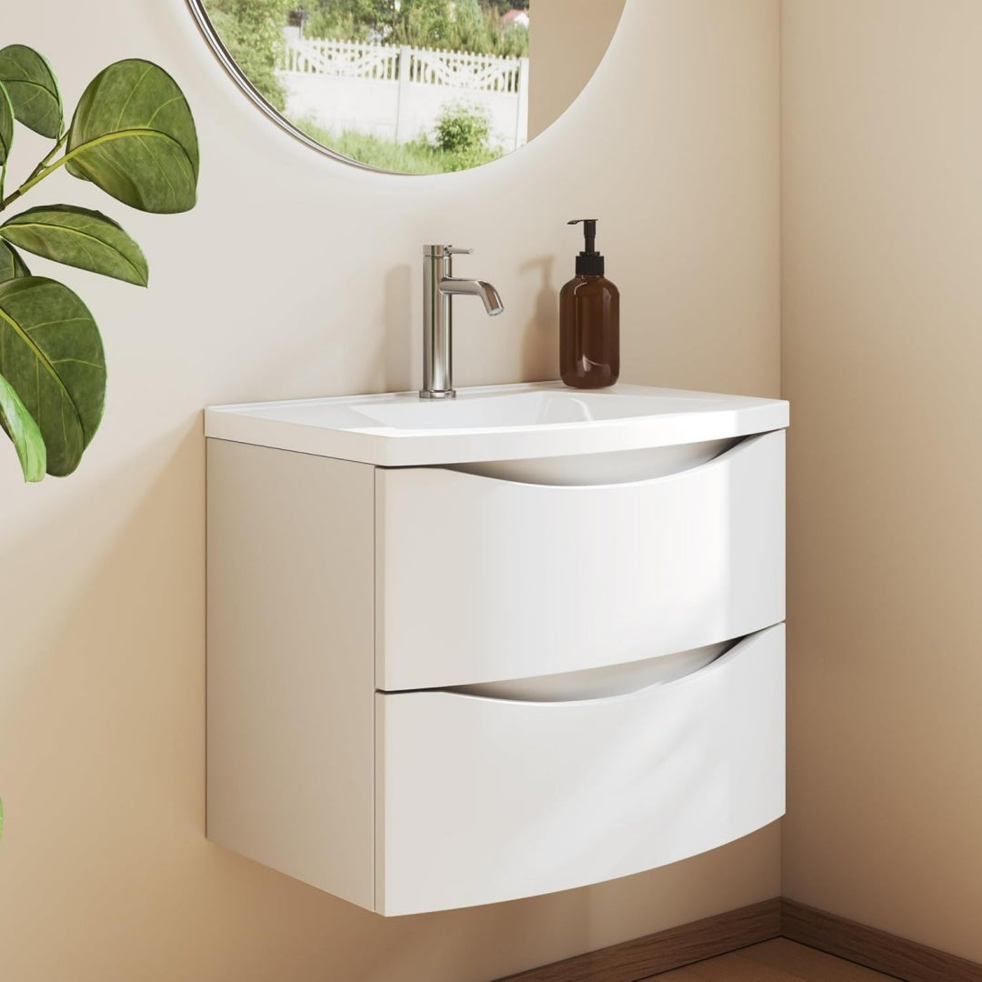 60 cm Badezimmerschrank Mit Mineralgusswaschbecken - 2 Soft-Close-Schubladen - Platzsparend - Ideal Fuers Gaeste-Wc - Weiss matt