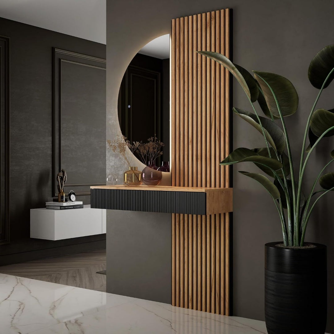 Flurgarderobe Set Konsolentisch 100 cm Spiegel mit Beleuchtung halbrund Schwarz gold 50 x 100 cm 2x Akustikpaneele Flur Moebel modern