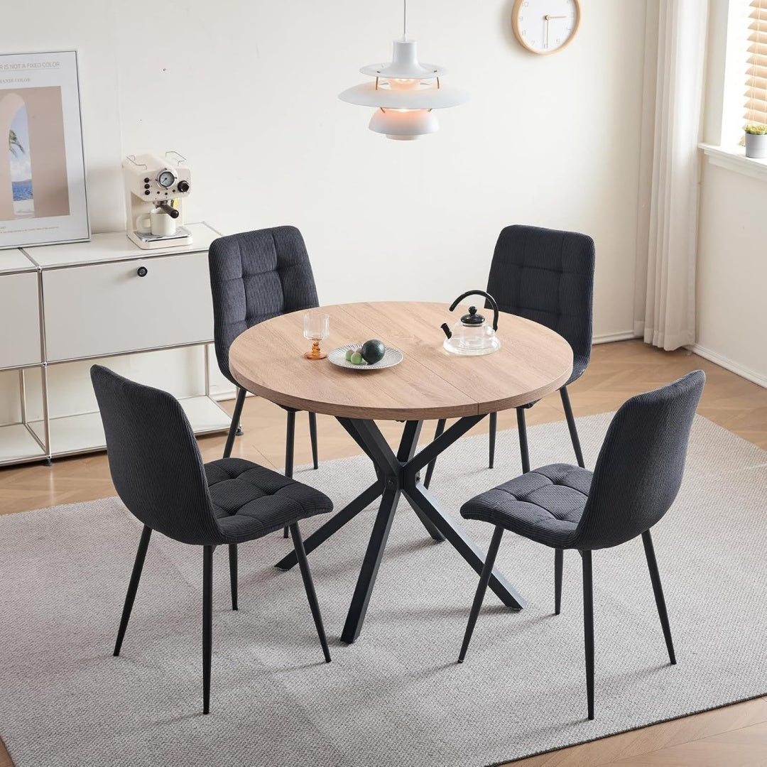 Essgruppe 5-Teilig Schwarz 100cm Runder Esstisch und 4 Esszimmerstuehle (Cord) Tisch und 4 Stuehle fuer Kueche