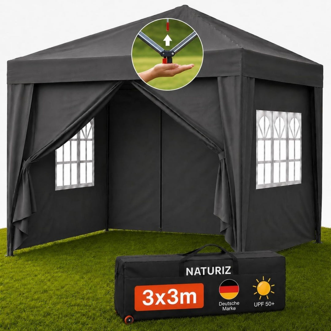 Pavillon Wasserdicht Stabil und UV 50+ Schutz - Faltpavillon mit Seitenwaenden - Pop Up Zelt fuer Garten Grau 3x3 Camping Marktstand Partyzelt