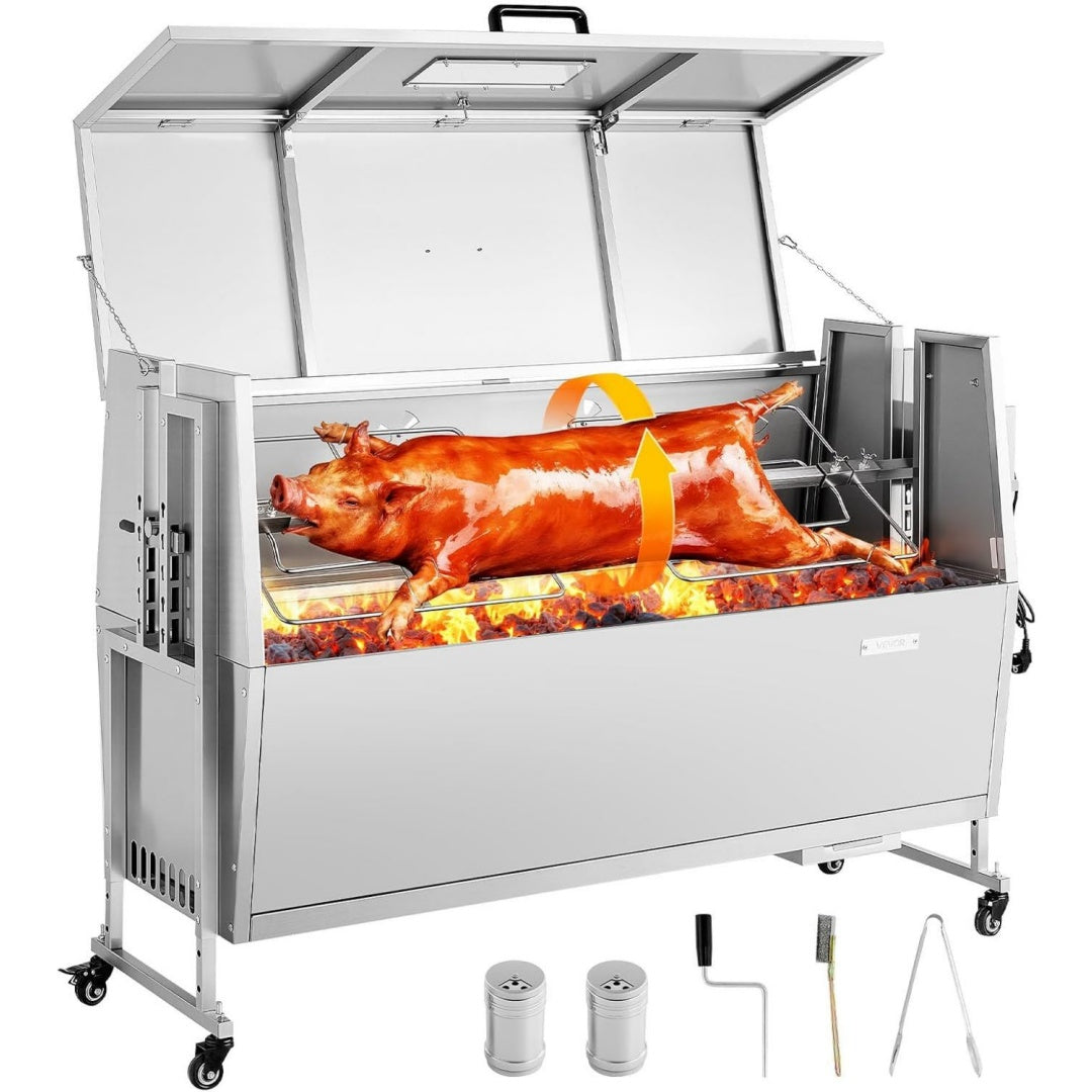 Drehspiessgrill 38 W Spanferkelgrill Lammgrill Holzkohlegrill (132 cm Grilllaenge) mit 60 kg Tragkraft Raedern 4-facher Hoehenverstellung Deckel