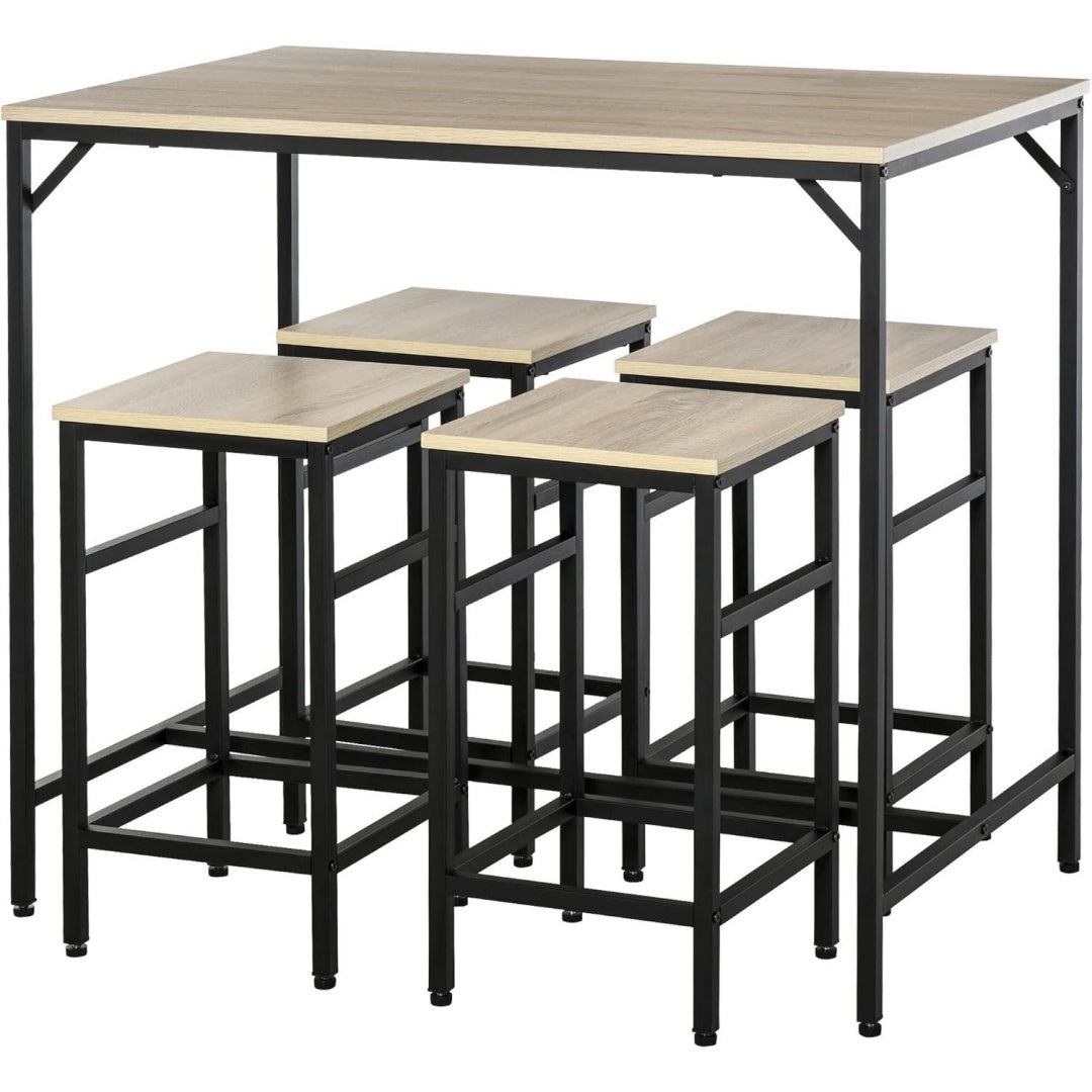 Bar Tisch und 4 Hocker Set 5 Stueck mit Fussstuetzen Hohe Moebel Set mit Tisch und Hocker fuer Esszimmer Kueche Schwarz eiche 100x60x88 cm