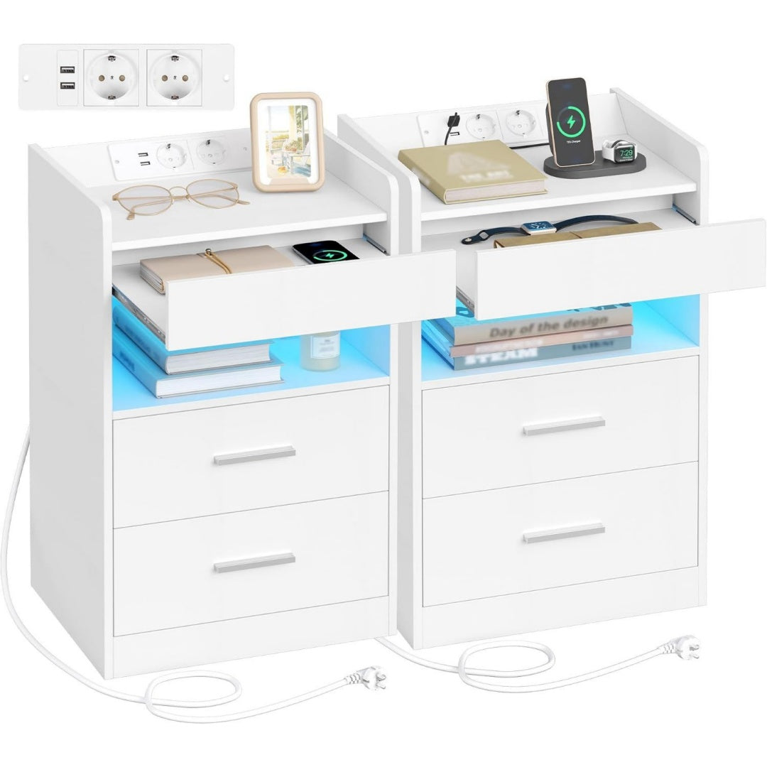 Nachttisch 2er Set Weiss 35 x 40 x 64 cm Beistelltisch mit Tablett Nachtschrank mit Ladefunktion LED-Beleuchtung