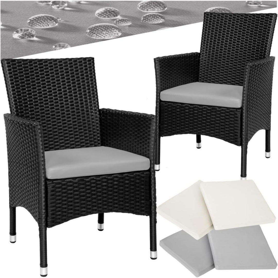 2er Set Gartenstuhl aus Schwarz beige Gartenmoebel Set mit 2 Sessel Outdoor Rattansessel inklusive Sitzpolster und 2 Bezugssets
