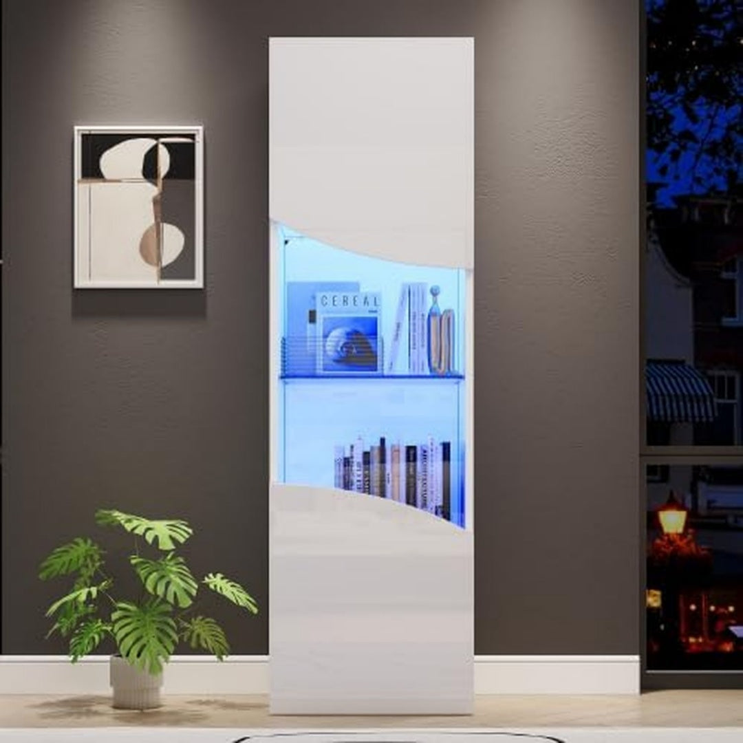 LED Glasvitrine 165 cm Weiss hochglanz Vitrinenschrank Standvitrine mit 4 Ebenen gehaertetem Glas schmaler Wohnzimmerschrank mit LED Beleuchtung fuer