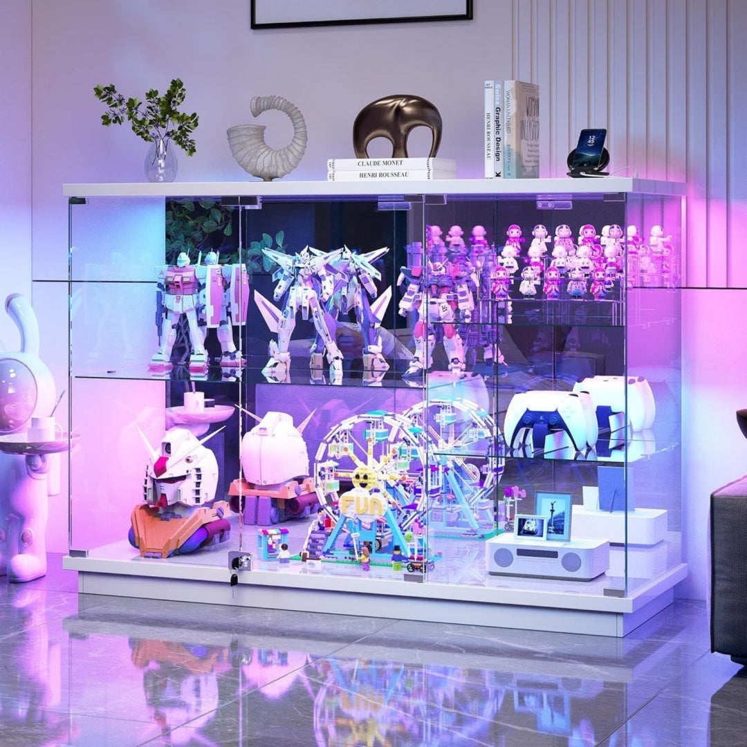 120 CM RGB Glasvitrine Stehend mit Ladestation und Bewegungssensor Weiss TV-Schrank mit USB Type und glastueren vitrine mit VeVerstellbaren Glasboeden