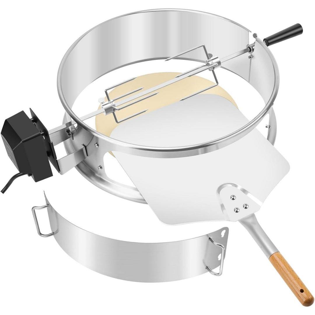 PizzaRing Kit mit Drehspiess Rot edelstahl Komplettpaket Pizzaofen Umbausatz (incl. Pizzastein Pizza Schaufel) und Rotisserie Grillspiess fuer 47 cm