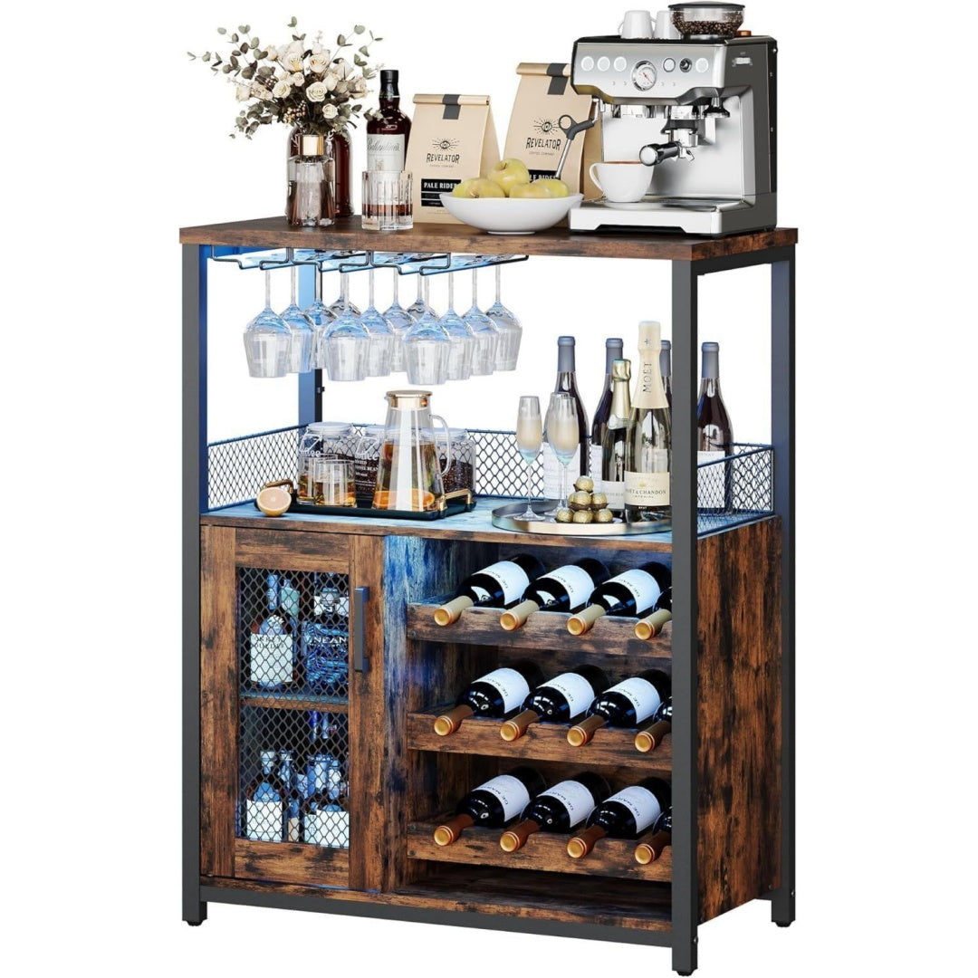 Weinschrank Weinregal Industrial mit Led Licht Barschrank mit Verstellbarem Weinregal und Glashalter Getraenkeaufbewahrung Weinbarschrank fuer Kueche